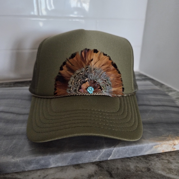 New Little Bird Trucking | Cherie Berry Trucker Hat | Olive Green | Feathers - Picture 1 of 7